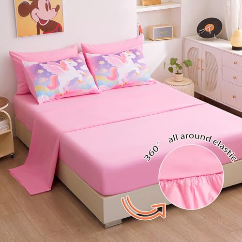 Image of Queen Bedding Sets for Girls 7 Piece,3D Colorful Unicorn Comforter Set for Girls, Ultra Soft and Fluffy, Pink & Rainbow Bed in a Bag with Comforter Sheets Pillowcase & Sham