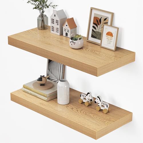 Dreamland 32" Floating Shelves for Wall, 12" Deep Thicker Oak Floating Shelves, Wall-Mounted Shelves for Bedroom, Living Room, Kitchen, Bathroom - Set of 2