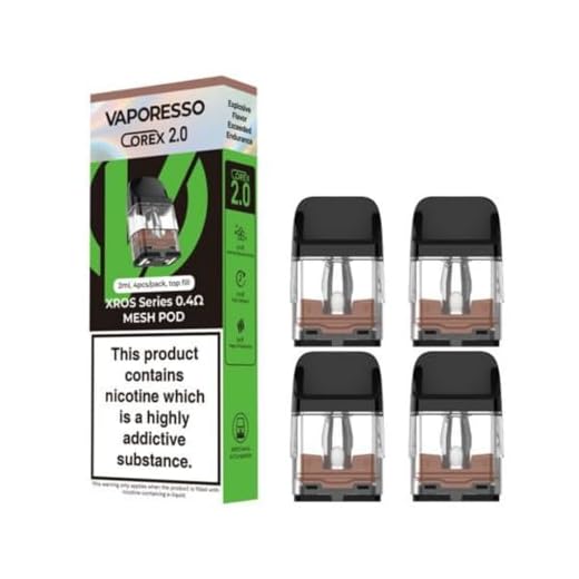 Vaporesso Xros Replacement Pods, 0.4 Ohm, Integrated Coils, Corex 2.0, Compatible with Xros3, Xros3 Mini, Xros4, Xros4 Mini, Xros5, Xros5Mini, Vaporesso Vaping Pods, Refillable, Pack of 4, No Nicotine