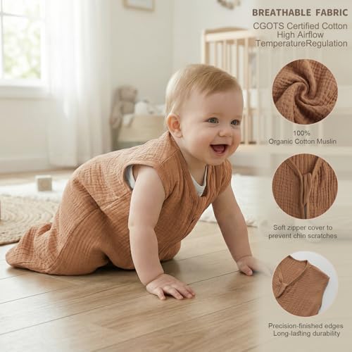 Image of BSTOPPT 2 Pack Baby Sleep Sack 0-6 Months 100% Organic Cotton Muslin Baby Sleeping Bag 2-Way Zipper Wearable Blankets TOG 0.3 (Beige & Khaki, Small)