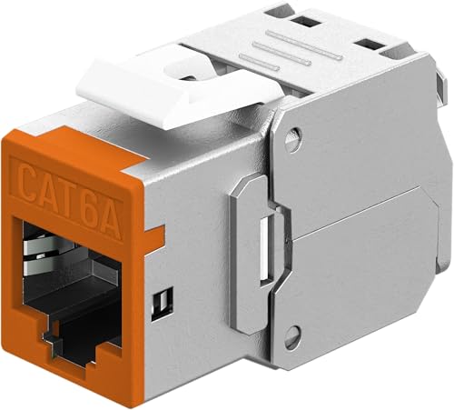 goobay Connecteur de câble LAN RJ45 Keystone avec raccord - Module STP, largeur 16,6 mm, montage LSA sans outil, CAT 6A, compatible PoE+, Ethernet 10 Gigabit, orange - 77947