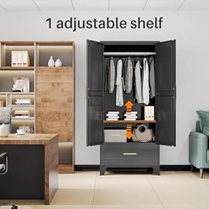 RISTER Metal Armoire Wardrobe Closet with Hanging Rod, Clothing Storage Cabinet with Adjustable Shelf and Drawer for Laundry Room, Bedroom, Home Office, Bathroom, 71" Black Large Capacit RISTER Metal Armoire Wardrobe Closet with Hanging Rod Clothing Storage Cabinet with Adjustable Shelf and Drawer for Laundry Room Bedroom Home Office Bathroom 71 Black Large Capacit