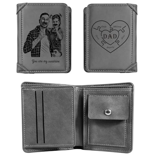 KOLOWKO Portafoglio da uomo personalizzato, portafoglio con foto incisa, portafoglio in pelle personalizzato a tre ante, regalo per padre, marito, fidanzato