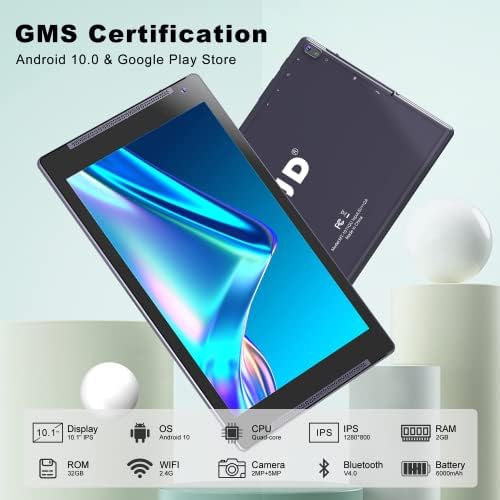TJD 10.1 inch Tablet, Android Tablets with Stand, 2GB RAM 64GB ROM (512GB Expandable Storage), Quad Core Processor, HD IPS Screen, 2.0MP Front+8.0MP Rear Camera, Wi-Fi, Bluetooth, Google GMS Tablet