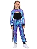 Jydiazi Conjunto de pantalones cargo metálicos para niña, estilo hip hop, ropa de baile moderna, azul, 122-128