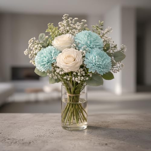 Image of Premium Artificial Flower Bunch - Mum, Rose with White Baby Breath | Realistic Fabric Petals | Artificial Flowers for Vase | Home Decoration Items for Living Room & Bedroom | Light Blue