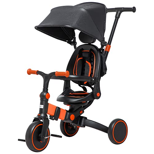 AIYAPLAY Tricycle 3 en 1 pour Enfants évolutif de 18 à 48 Mois poignée réglable Dossier inclinable Roue Tricycle à Pousser Rouge et Noir