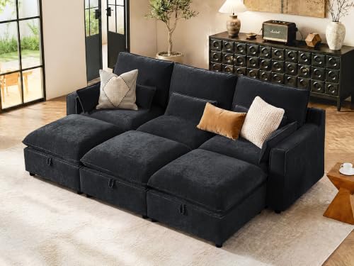 Image of WorthFurni Modern Modular Sectional Sofa,103 inch Sleeper Sofa Bed Minimalist Couch with Storage Ottoman,Comfty 6 Seat Sofa for Living Room,Black Chenille