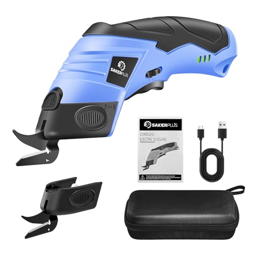 Image of Sakerplus Cordless Electric Scissors, Fabric Scissors, Powerful Pinking Shears, Rechargeable Cardboard Cutter (Blue-Bag(2 Tungsten Blade))