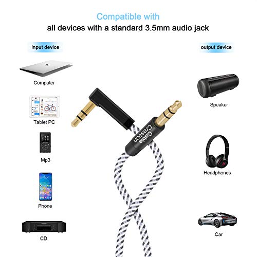 Image of CableCreation 6 Feet 3.5mm Auxiliary Audio Cable 90 Degree Right Angle Compatible with Apple iPhone, iPod, iPad,Smartphones & Tablets and Speakers,24K Gold Plated, Black & White