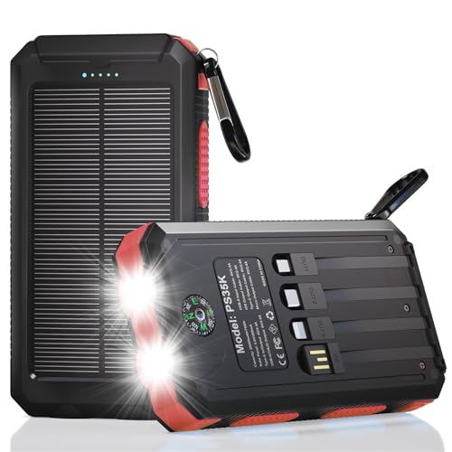 Solar Charger Power Bank 20,000mAh, Portable Charger, 4 Cables 3 Ports Fast Charging External...