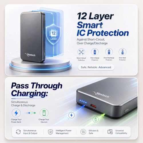 Image of Nextech Mag-Safe Magnetic Wireless Power Bank 10000mAh | 22.5W Fast Charging PD Type C | 15W Powerbank for iPhone & Android | Compact Slim Portable Charger with LED Indicator - Metallic Grey