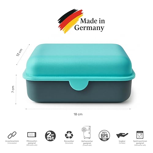 MEBY 2er Set Brotdose – Lunchbox für Kinder & Erwachsene – BPA-frei, spülmaschinenfest, mikrowellengeeignet – Robuste Snackbox/Frühstücksbox mit austauschbarem Deckel. Made in Germany (Türkis & Grau)
