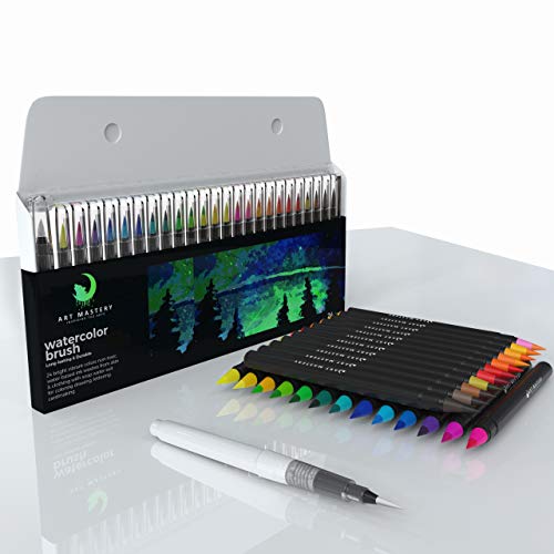 Art Mastery Watercolor Brush Pens For Drawing Calligraphy Painting Coloring - 24 Pack Multi Color Pens And 1 Blending Water Brush For Adults And Kids Beginner To Professional Artists 100% Non Toxic And Washable #TOP2