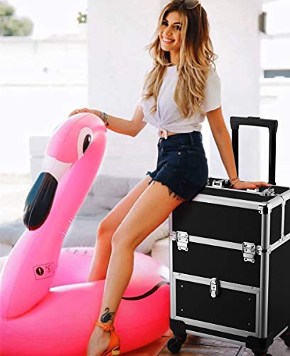 OUDMAY Professional Cosmetic Train Case Aluminum Portable Makeup Storage Case Box with Folding Trays and Universal Wheels Black - Thumbnail 6
