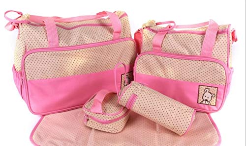 Multi-function 5-Piece Mummy Baby Diaper Nappy Changing Tote Shoulder Handbag Messenger Bag Light Weight with Bottle Bag Changing Mat Zipper Diaper Bag and Changing Mat
