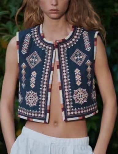 Yimoon Women's Vintage Floral Embroidered Vest Boho Casual Open Front Sleeveless Cardigan Waistcoat3