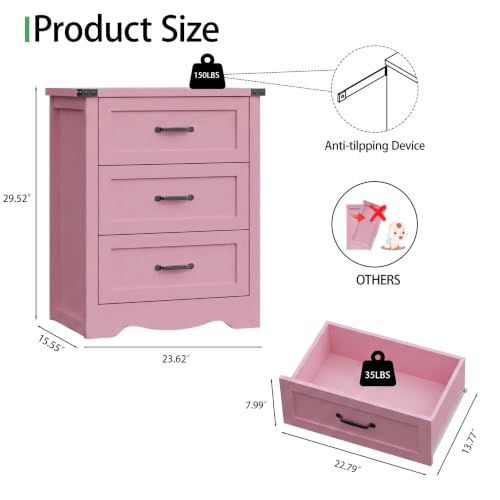 Image of Xixini Nightstand Set of 2 with 3 Storage Drawers, Tall Side Table, Pink