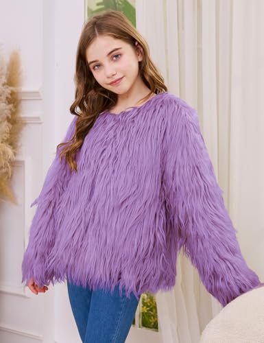 Girls Faux Fur Coat Open Front Furry Coats Long Sleeve Parka Shaggy Jacket Winter Warm Fluffy Outerwear 4-12 Years3