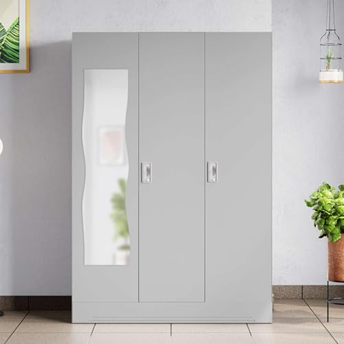 Image of Interio by Godrej Almirah Slimline 3-Door Steel Almirah, Cupboard for Clothes (Royal Ivory), 1-Year Warranty, 7 Shelves, 1 Locker, Curvilinear Mirror