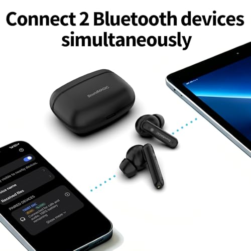 Image of SoundMAGIC T80BT True Wireless Earbuds, Hybrid ANC, HiFi, HD Calls, Black | Comfortable noise reduction, Rich layered stereo, Pressure-free wear, 25hr battery, IPX5 Sweatproof, Seamless dual pairing