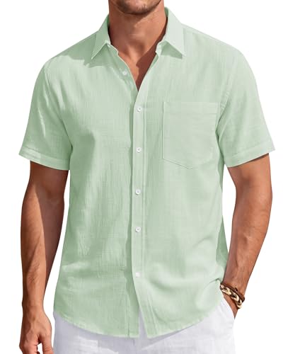 Image of J.VER Mens Linen Shirt Short Sleeve Button Down Casual Summer Shirts | Cotton Linen, Untucked, Big Tall, from Beach Camp Vacation, Cruise Fishing, Work Office, to Wedding Party Family, with Pocket