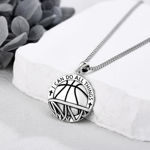 YAFEINI Basketball Necklace 925 Sterling Silver Never Give Up I Can Do All Things Pendant Basketball Sport Jewelry Gifts for Men Basketball Lovers2
