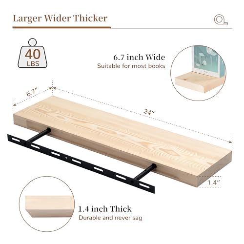 Image of Marsmiles Natural Wood Floating Shelves | 24 Inch Unfinished Wood Wall Shelves Set of 2 | 24 inch W x 6.7 inch D Rustic Wooden Shelves for Bathroom Kitchen Living Room Bedroom