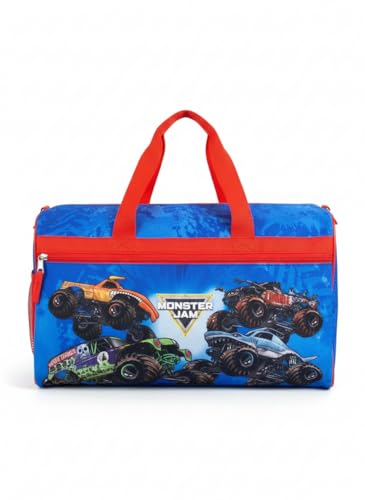 Image of Monster Jam Kids' Duffle Bag - Truck-Themed Travel Gym Bag with Adjustable Shoulder Strap, Mesh Side Pockets & Zipper Pocket