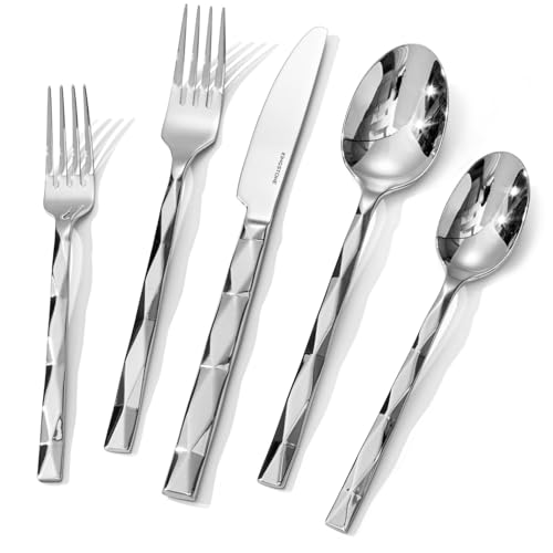 Image of KINGSTONE Silverware Set, Luxury 5 Piece Flatware Set for 1, 18 /10 Stainless Steel Cutlery Set with Diamond Cut Pattern for Kitchen, Home, Wedding, Party, Mirror Polished and Dishwasher Safe