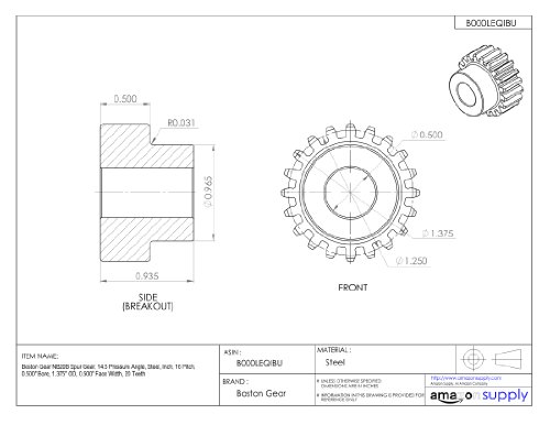 Boston Gear Nb24B Spur Gear, 14.5 Pressure Angle, Steel, Inch, 16 Pitch, 0.500" Bore, 1.625" Od, 0.500" Face Width, 24 Teeth #TOP3