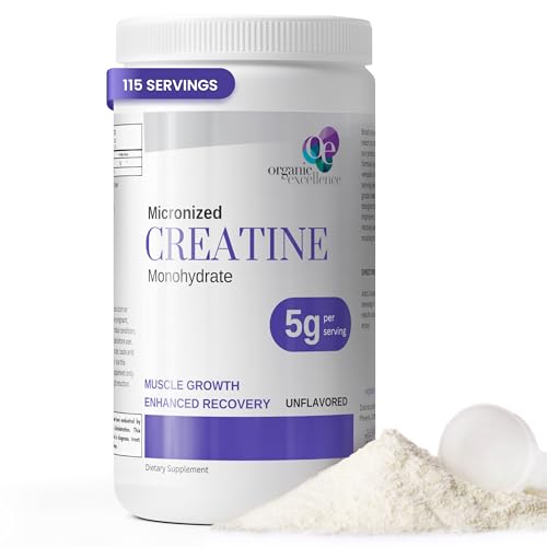 Organic Excellence unflavored creatine tub — a micronized monohydrate powder listing 115 servings