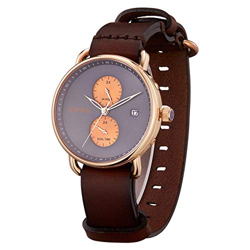 Preisvergleich Produktbild SURVAN WatchDesigner Japanische Quarzarmbanduhr für Männer Saphir Spiegel 18k Gelbes Gold Doppelte Zeitzone Kalendaranzeige Echtes Leder Armband (grau & Dunkelbraun)