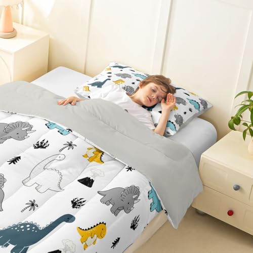 Image of Feelyou Dinosaur Bedding Set Soft for Boys Girls, Cartoon Dino Comforter Set Full Size Boho Exotic Style Duvet Quilt Microfiber 3D Wild Animal Pattern Bedroom Decor 3 Pcs with 2 Pillow Cases