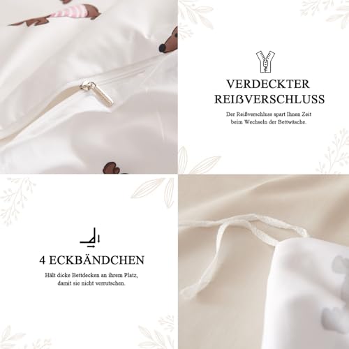 Tospass Dackel Bettwäsche 135x200cm Weiß Rosa Braun Dachshund Mädchen Wendebettwäsche-Set Mikrofaser Hundemuster Deckenbezug Kinder Teen Bettbezug mit Reißverschluss und Kissenbezug 80x80cm