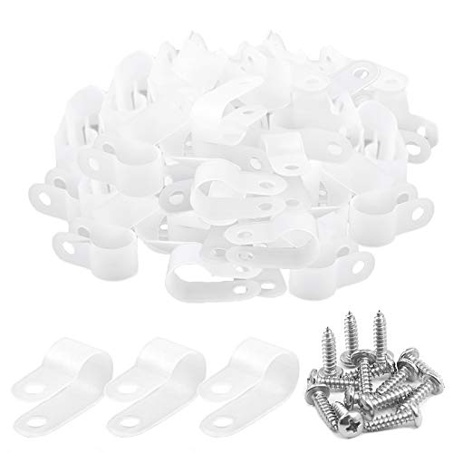 stainless steel cable fasteners - Keadic 120 Pieces 1/2 inch White Nylon Cable Clamps with Stainless Steel Screws, R-Type Mounting Cord Fastener Wire Clamps for Wire Pipe Management