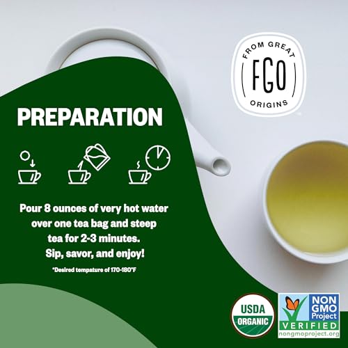 Image of FGO Organic Green Decaf Tea, 100 Count, Eco-Conscious Tea Bags, Resealable Bag, Caffeine Free, Packaging May Vary (Pack of 1)