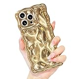 ekoneda for iPhone 13 Case Curly Wavy Cute Square Edge, Aesthetic Silicone Protective Cover for Women Girl Slim Glitter Bling Water Ripple Plating Shockproof Soft Phone Cases, Shiny Gold