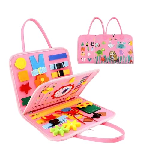 Image of Cable World Montessori Busy Board for Toddlers 2-5 Years, 25+ Learning Activities, Sensory Travel Toy, Quiet Book with Alphabet, Clock, Calendar, Jigsaw Puzzle, Fine Motor Skills Dino Theme - Pink