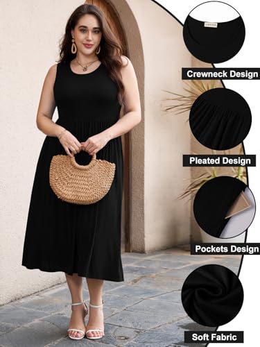 Image of LARACE Women's Plus Size Sleeveless Maxi Dress Casual Crew Neck Pleated Flowy Long Dresses with Pockets L-6XL