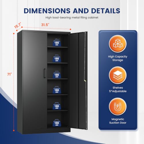 Image of Yizosh Metal Garage Storage Cabinet with 2 Doors and 5 Adjustable Shelves - 71 inch Steel Lockable File Cabinet,Locking Tool Cabinets for Office,Home,Garage,Gym,School (Black)