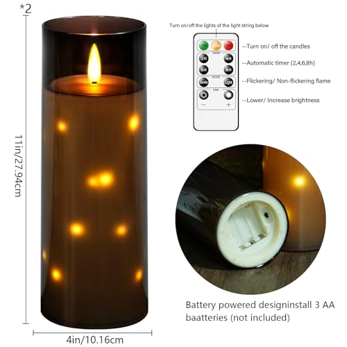 Image of kakoya 11 inch x 4 inch Large Outdoor Waterproof Flameless LED Candles with Remote and Timer,Acrylic Pillar Candles Battery Operated with Embedded Star String for Porch,Patio,Outdoor Decor,Set of 2(Grey)