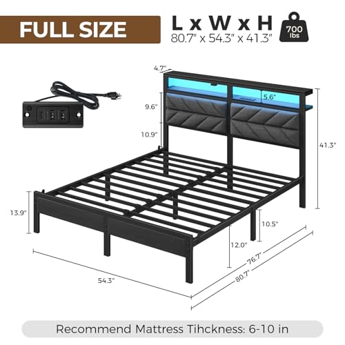 Image of Seventable Bed Frame Full Size with Charging Station, LED Bed with Upholstered Storage Headboard, Metal Platform Bed with Under Bed Storage, No Box Spring Needed, Noise Free, Easy Assembly, Grey