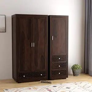 EBANSAL Solid Sheesham Wood 3 Door Wardrobe for Bedroom | Wooden Three Door Almirah for Home with 4 Drawers Storage | Cupboard Organiser | Clothes Organizer | Rosewood, Walnut Finish