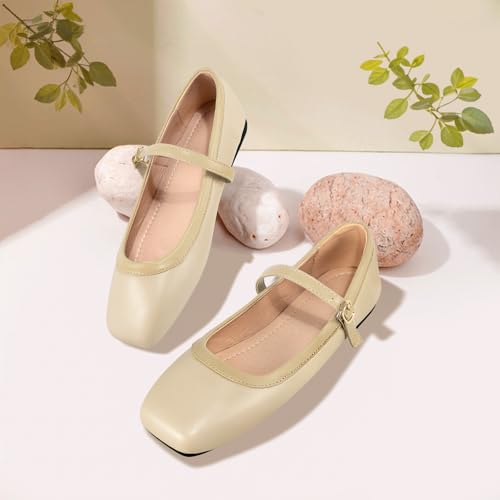 Women’s Square Toe Mary Jane Flats with Strap Buckle, Elegant Lea Ther Ballet Flats for Work & Daily Wear, Comfortable Slip-On Shoes for Office and Casual Outfits