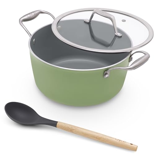 Image of Asai Ceramic Dutch Oven 24cm (4L) with Glass Lid & Silicone Spatula | Green | Procera Swiss Ceramic Non-Stick Coating | Induction, Gas & Electric Compatible | Stay-Cool Handles | Lab Tested