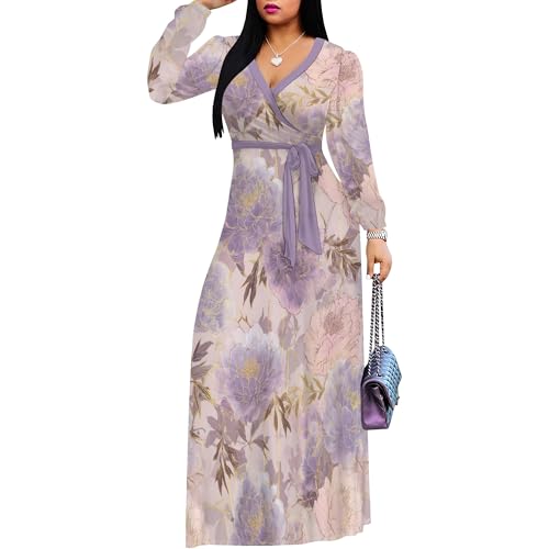 Image of PinkPatty Women's Long Sleeve Maxi Dress Plus Size Trendy Wedding Guest Wrap Dress with Pockets&Belt