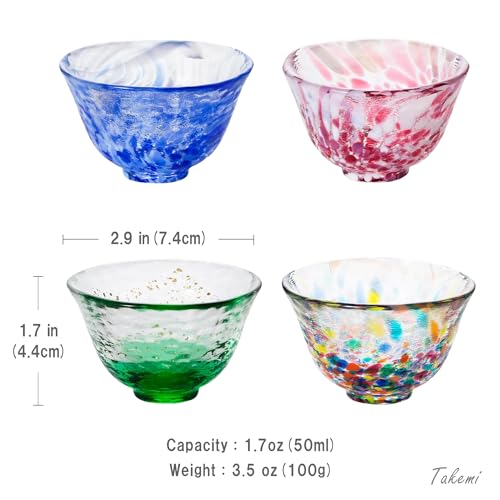 Japanese Handcrafted Sake Glass Set, Artisan Glassware for Cold Sake and Shochu, Made in Japan (Sake Cup Set (4pcs) – Festival & Nature Series, 1.7 fl oz (50ml))