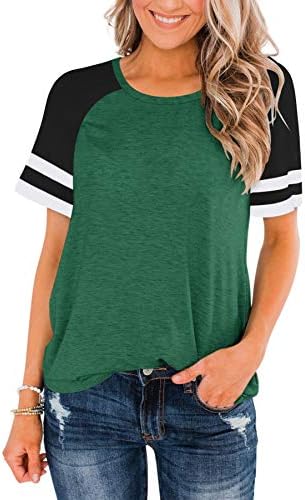 LASLULU Short Sleeve Shirts for Women Color Block Striped Tee Crew Neck Casual Tunic Tops Workout Yoga Athletic T-Shirt Loose Fit Blouses Running Sport Shirts Activewear(Green Medium)