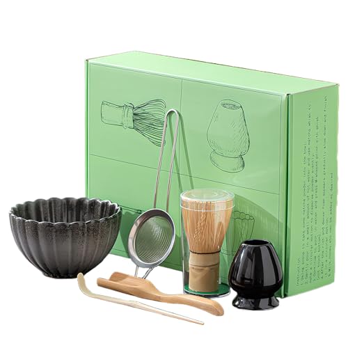 Juego de 6 batidores de matcha, batidores de bambú hechos a mano, pala de té tradicional, cuchara de matcha y soporte de batidor de cerámica esmaltada, regalos de matcha para principiantes
